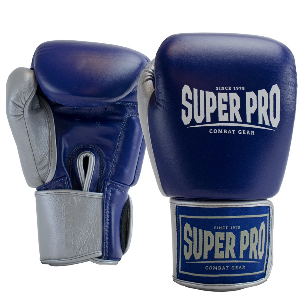 Super Pro Combat Gear Lederen (thai)bokshandschoenen Enforcer 16 oz, blauw - wit - zilver Super Pro Combat Gear Lederen (thai)bokshandschoenen Enforcer 16 oz, blauw - wit - zilver