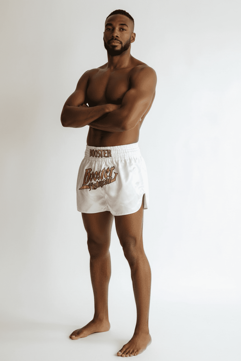 Booster Fight Gear Kickboksbroekje Thunder Wit Goud (TBT THUNDER WH GD) Booster Fight Gear Kickboksbroekje Thunder Wit Goud (TBT THUNDER WH GD)