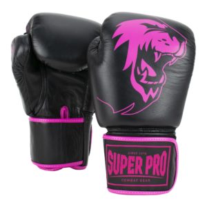 Super Pro Combat Gear Warrior Lederen (kick)bokshandschoenen Zwart/Roze 6oz - Kickbokshandschoenen voor kinderen