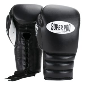 Super Pro Combat Gear Knock Out Bokshandschoenen Veter Zwart/Wit 12oz - Super Pro bokshandschoenen