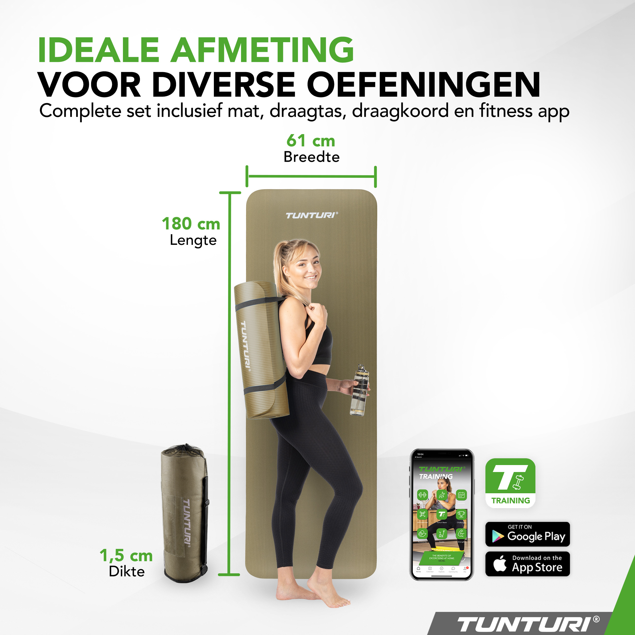 Tunturi Fitnessmat - NBR 180x60x1.5cm - Legergroen Tunturi Fitnessmat - NBR 180x60x1.5cm - Legergroen
