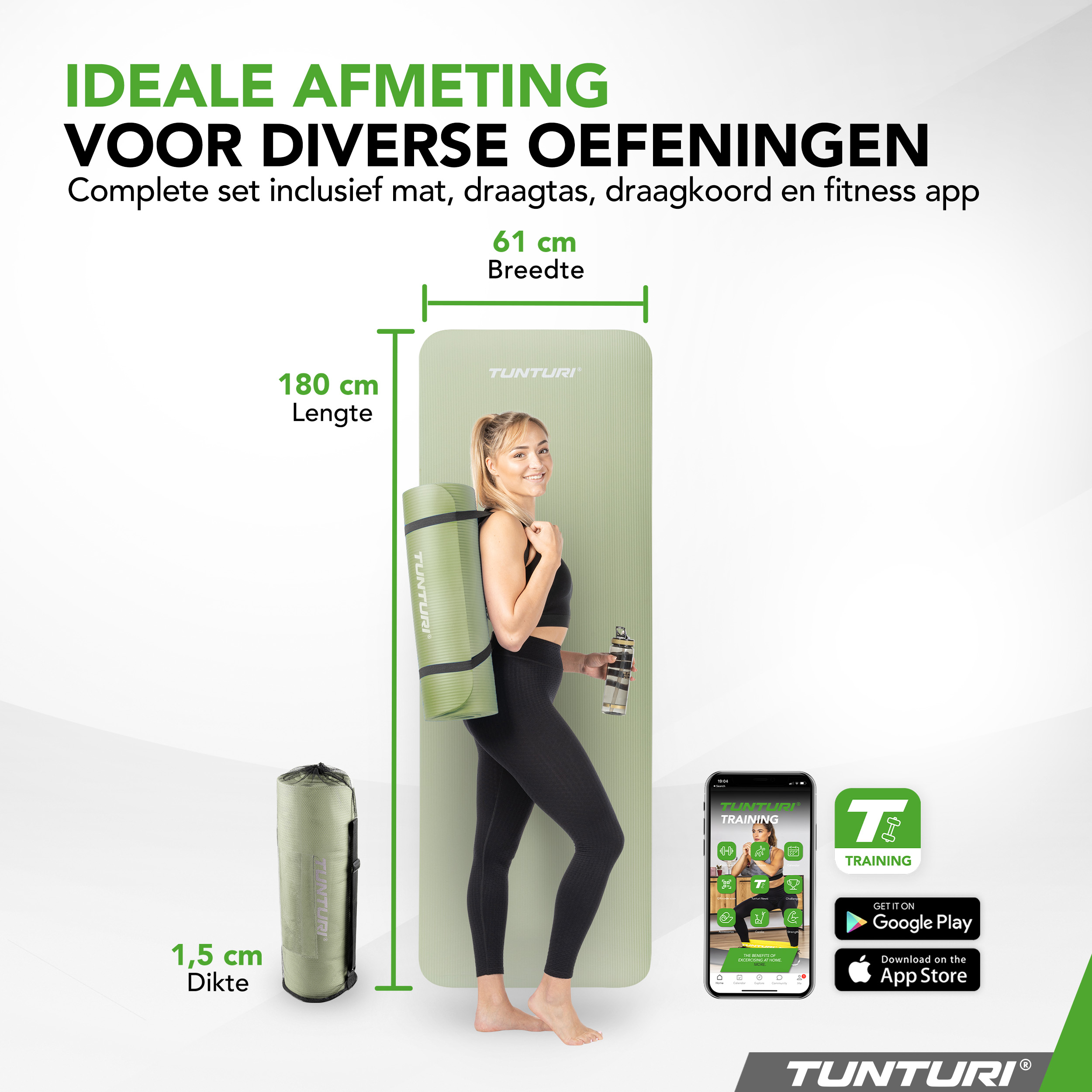Tunturi Fitnessmat - NBR 180x60x1.5 cm - Munt Tunturi Fitnessmat - NBR 180x60x1.5 cm - Munt