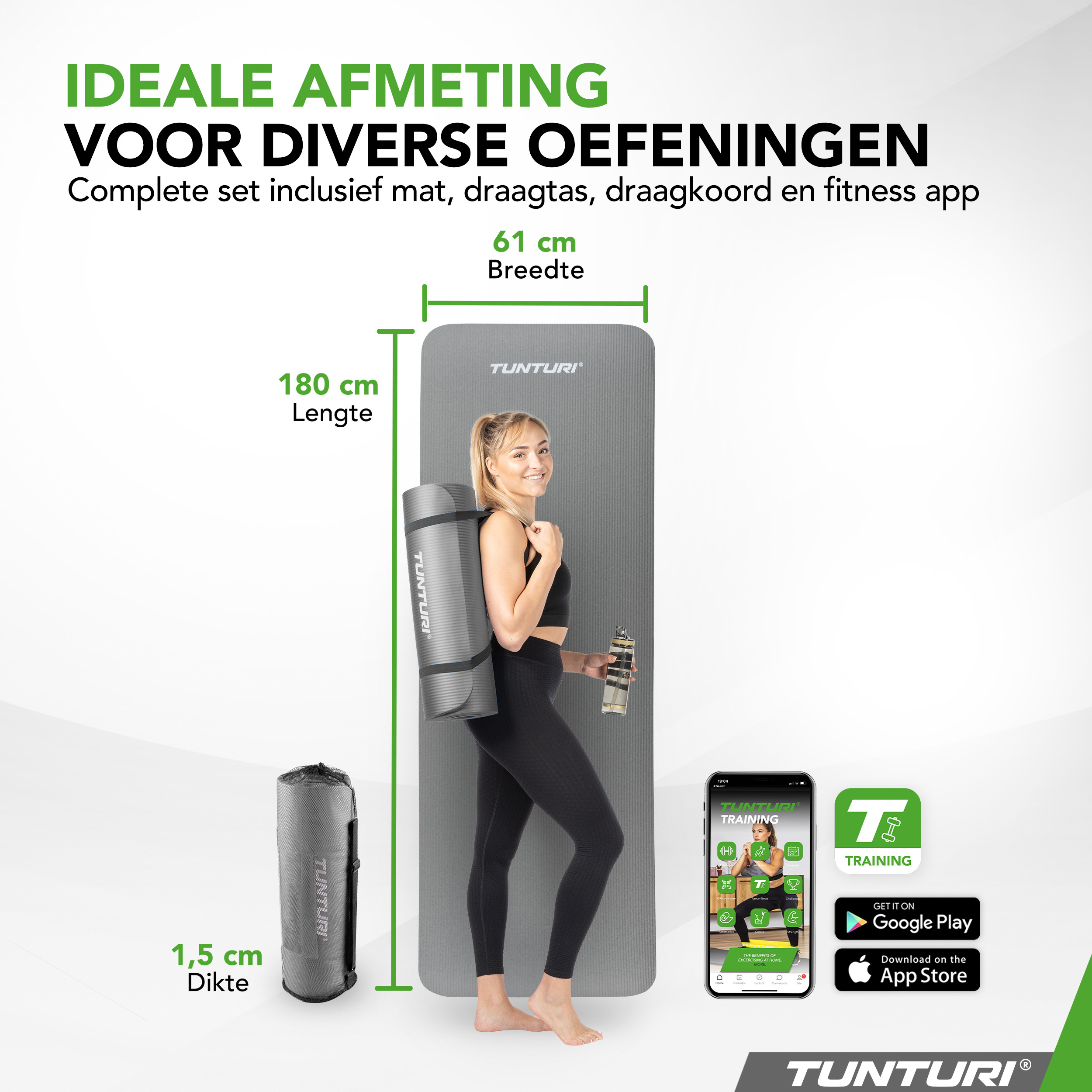 Tunturi Fitnessmat - NBR 180x60x1.5cm - Grijs Tunturi Fitnessmat - NBR 180x60x1.5cm - Grijs