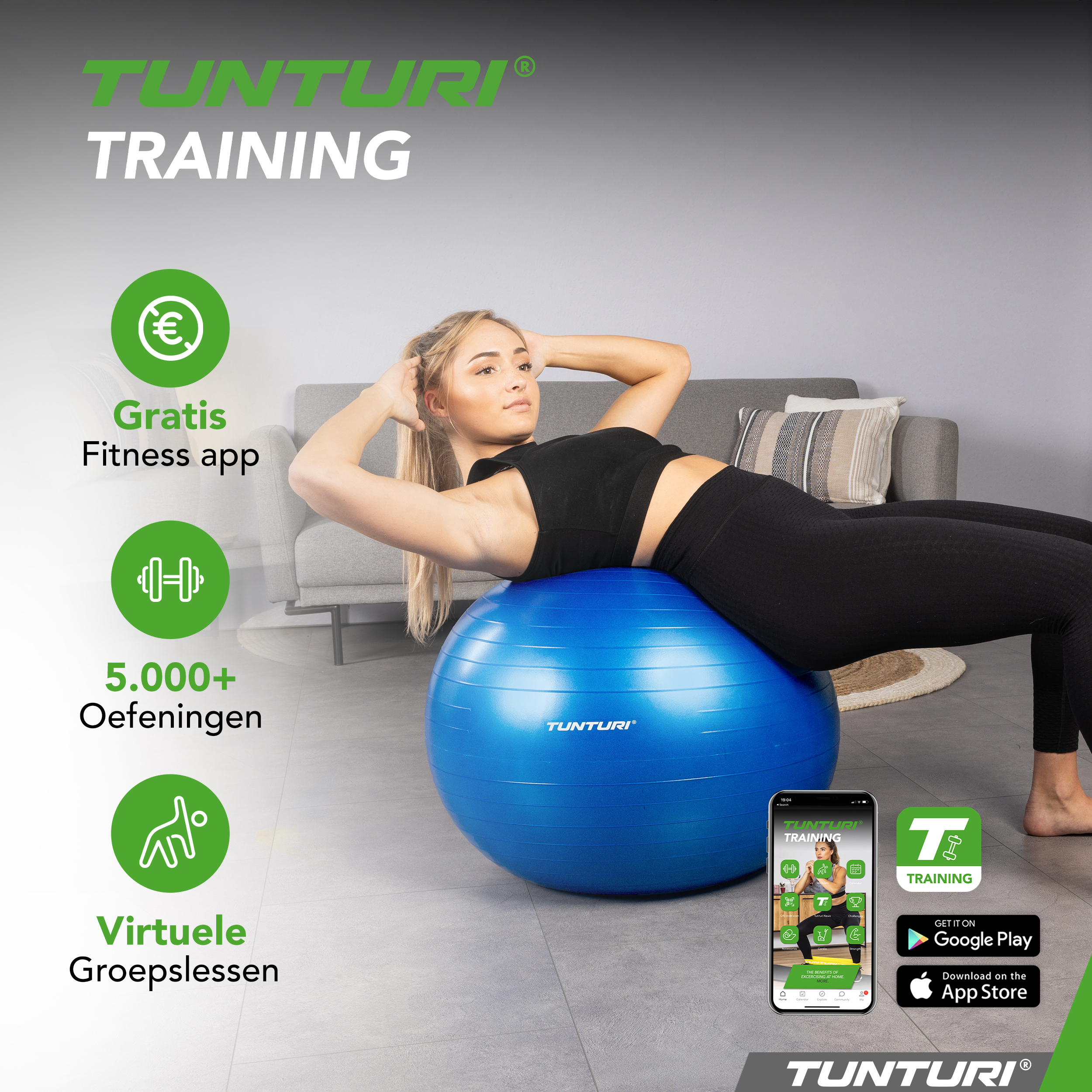 Tunturi Fitness bal - Anti Burst Fitness bal 65 cm - Blauw Tunturi Fitness bal - Anti Burst Fitness bal 65 cm - Blauw