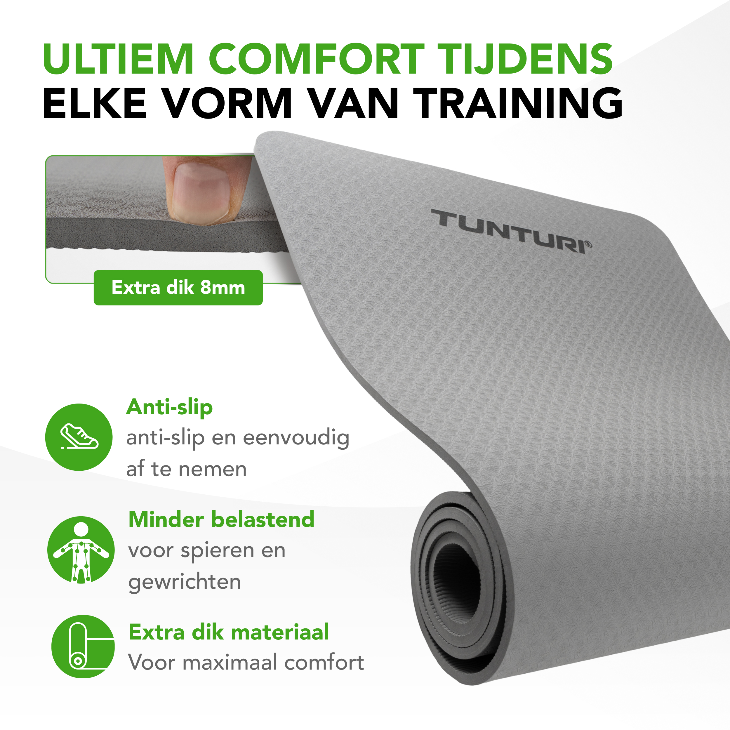 Tunturi Fitness mat - Yoga Mat 8mm 183x61x0,8 cm - Grijs Tunturi Fitness mat - Yoga Mat 8mm 183x61x0,8 cm - Grijs
