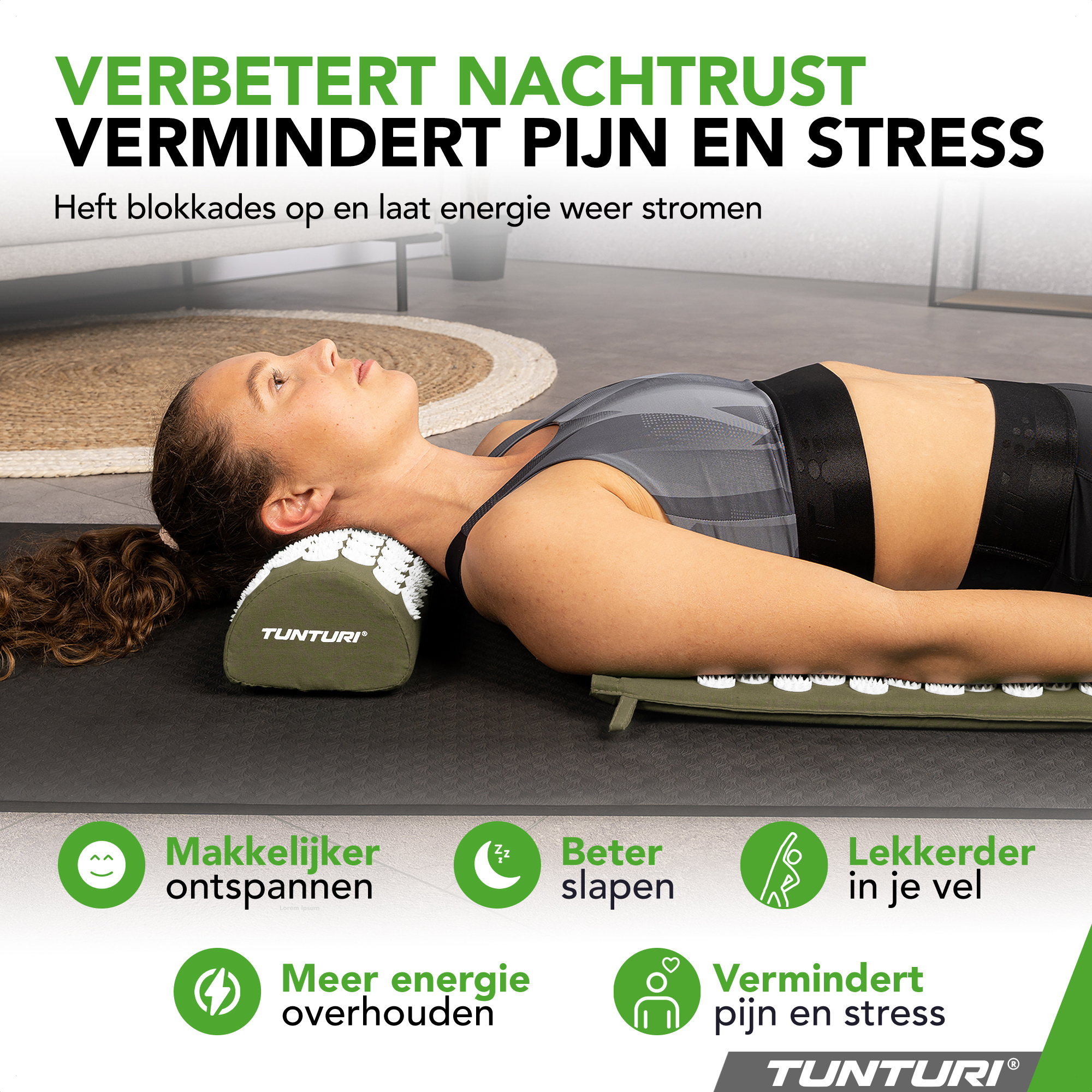 Tunturi Nieuw - Acupressure Mat And Pillow 68x42x2 cm - Legergroen Tunturi Nieuw - Acupressure Mat And Pillow 68x42x2 cm - Legergroen