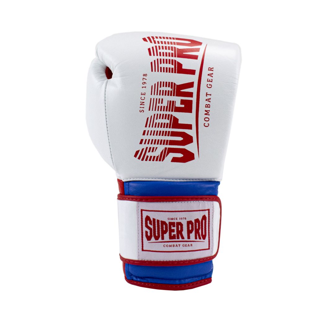 Super Pro Combat Gear Bokshandschoen - Leather Thai Gloves Stripes - Rood / Blauw / Wit Super Pro Combat Gear Bokshandschoen - Leather Thai Gloves Stripes - Rood / Blauw / Wit