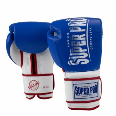 Super Pro Combat Gear Bokshandschoen - Leather Thai Gloves Stripes - Rood / Blauw / Wit