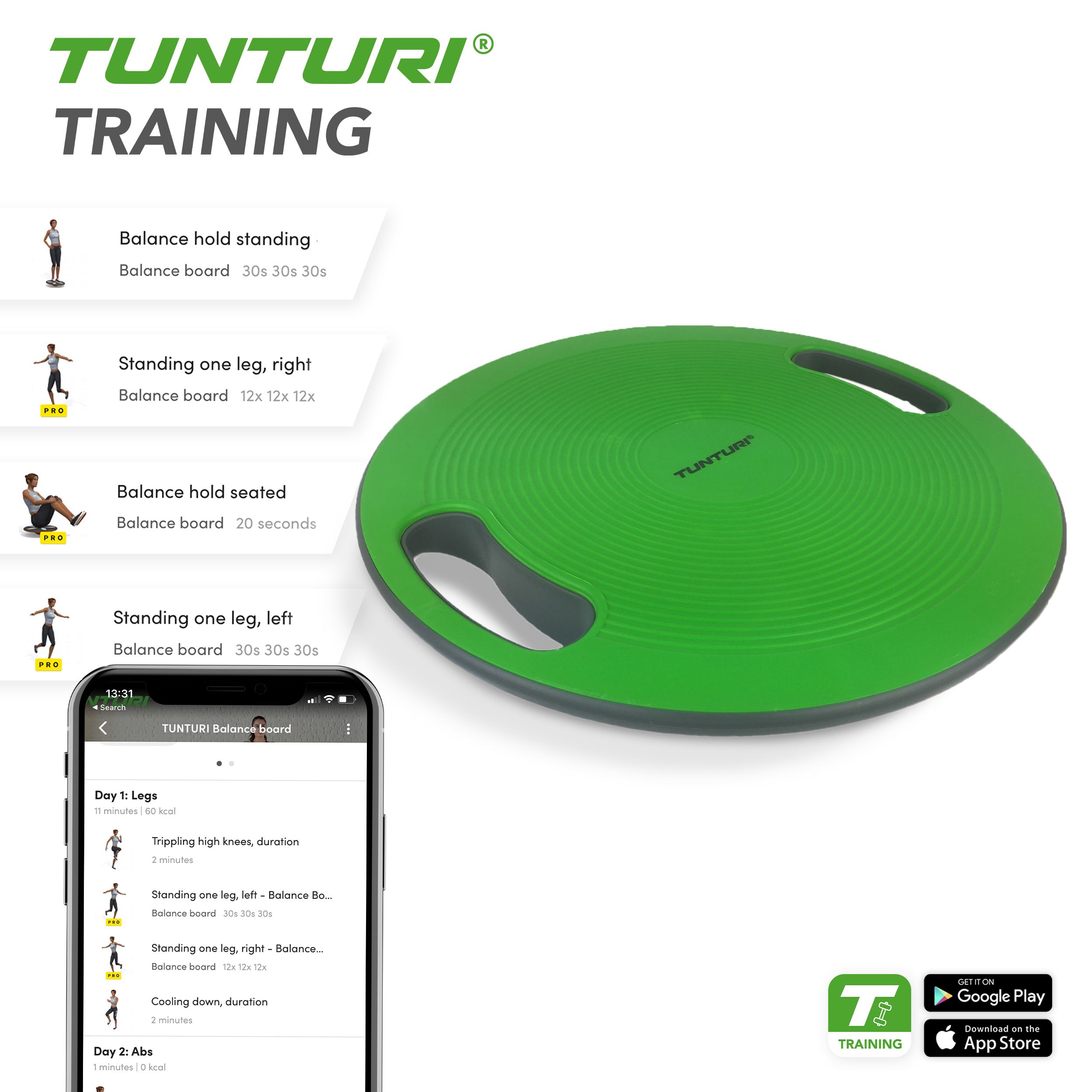 Tunturi Balansbord - Balance Board with Handles - Groen Tunturi Balansbord - Balance Board with Handles - Groen