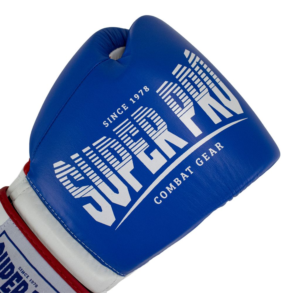 Super Pro Combat Gear Bokshandschoen - Leather Thai Gloves Stripes - Rood / Blauw / Wit Super Pro Combat Gear Bokshandschoen - Leather Thai Gloves Stripes - Rood / Blauw / Wit