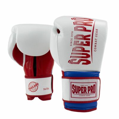 Super Pro Combat Gear Bokshandschoen - Leather Thai Gloves Stripes - Rood / Blauw / Wit