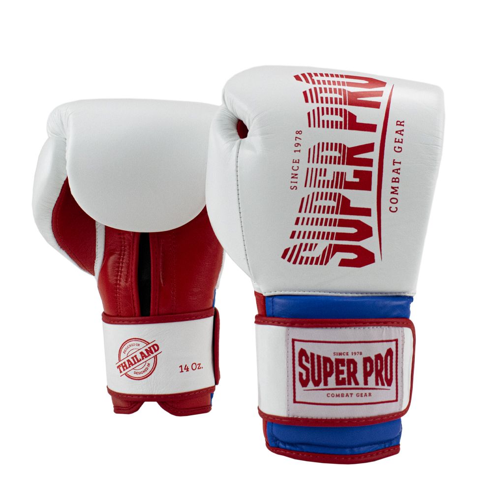 Super Pro Combat Gear Bokshandschoen - Leather Thai Gloves Stripes - Rood / Blauw / Wit Super Pro Combat Gear Bokshandschoen - Leather Thai Gloves Stripes - Rood / Blauw / Wit