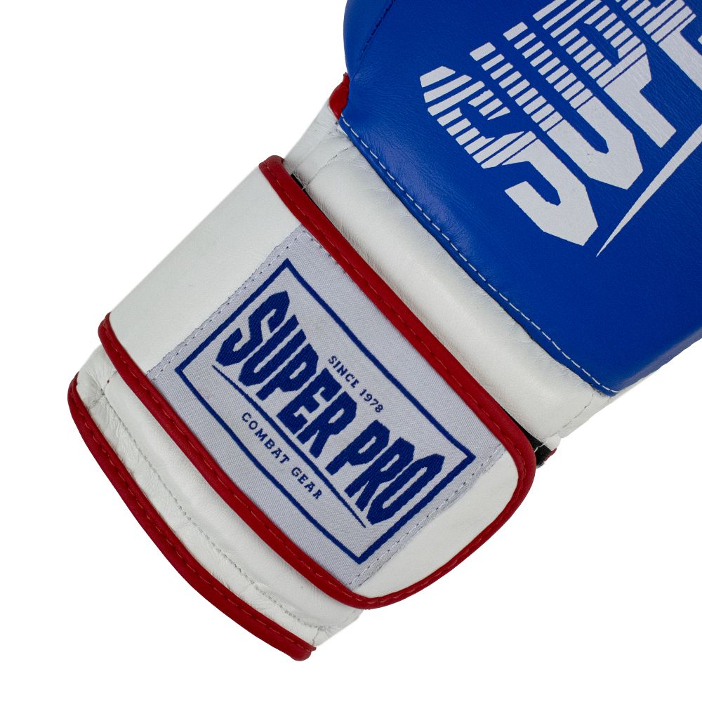 Super Pro Combat Gear Bokshandschoen - Leather Thai Gloves Stripes - Rood / Blauw / Wit Super Pro Combat Gear Bokshandschoen - Leather Thai Gloves Stripes - Rood / Blauw / Wit