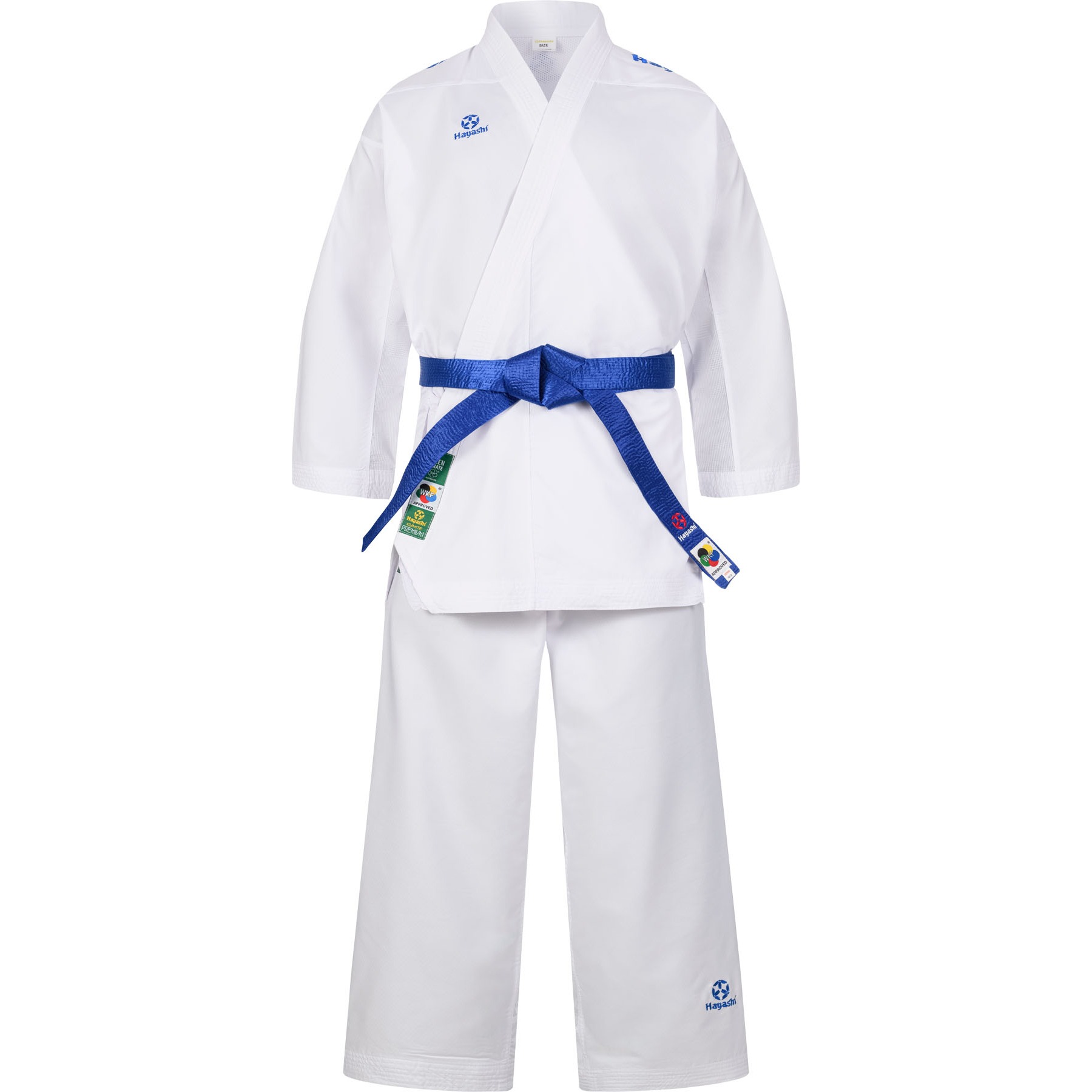 Hayashi Karatepak - Premium Kumite WKF Approved - Wit / Blauw Hayashi Karatepak - Premium Kumite WKF Approved - Wit / Blauw