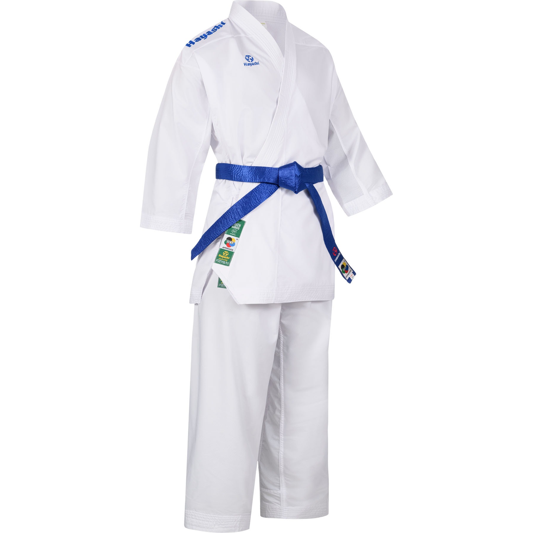 Hayashi Karatepak - Premium Kumite WKF Approved - Wit / Blauw Hayashi Karatepak - Premium Kumite WKF Approved - Wit / Blauw